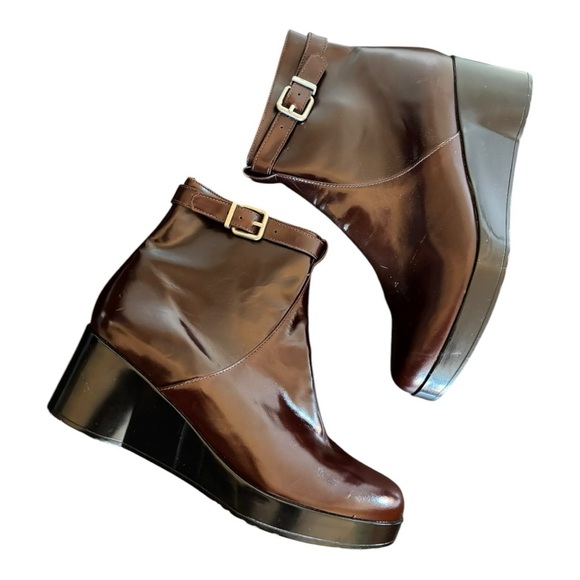 Robert Clergerie Cognac Wedge Ankle Boot Zipper Size 6.5 Buckle - Picture 2 of 15